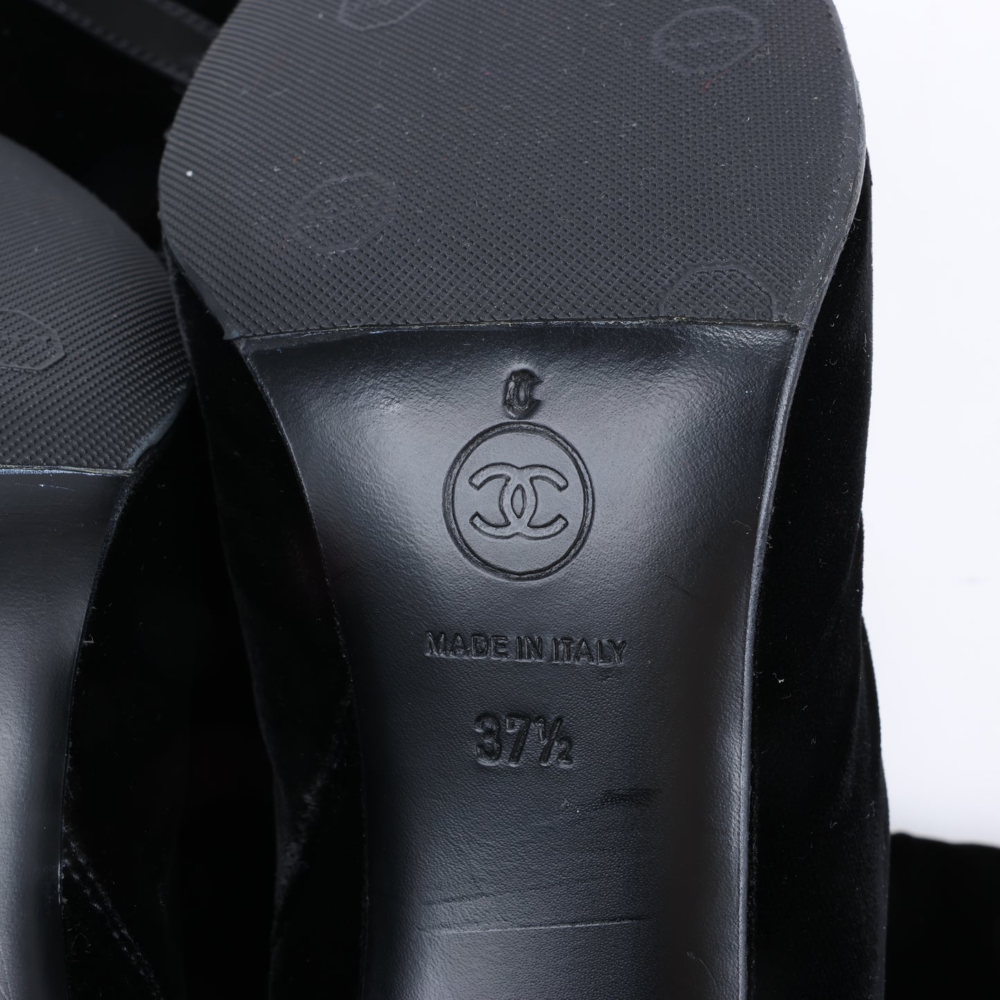 Chanel Coco Mark Velour Long Boots in Black, Size 37.5 EU