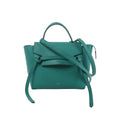 Green CELINE Belt Bag in textured leather with top handle, long shoulder strap, winged sides, flap closure and signature front belt detail.