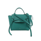 Green CELINE Belt Bag in textured leather with top handle, long shoulder strap, winged sides, flap closure and signature front belt detail.