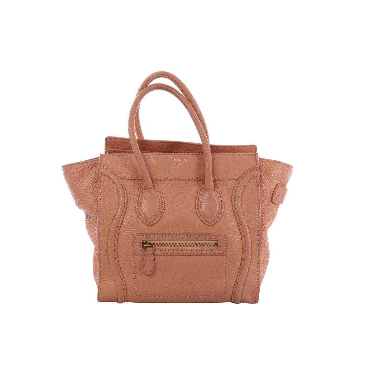 Pink CELINE Luggage Micro Shopper handbag in pebbled leather with rolled top handles, winged sides, front zip pocket and gold-tone hardware.
