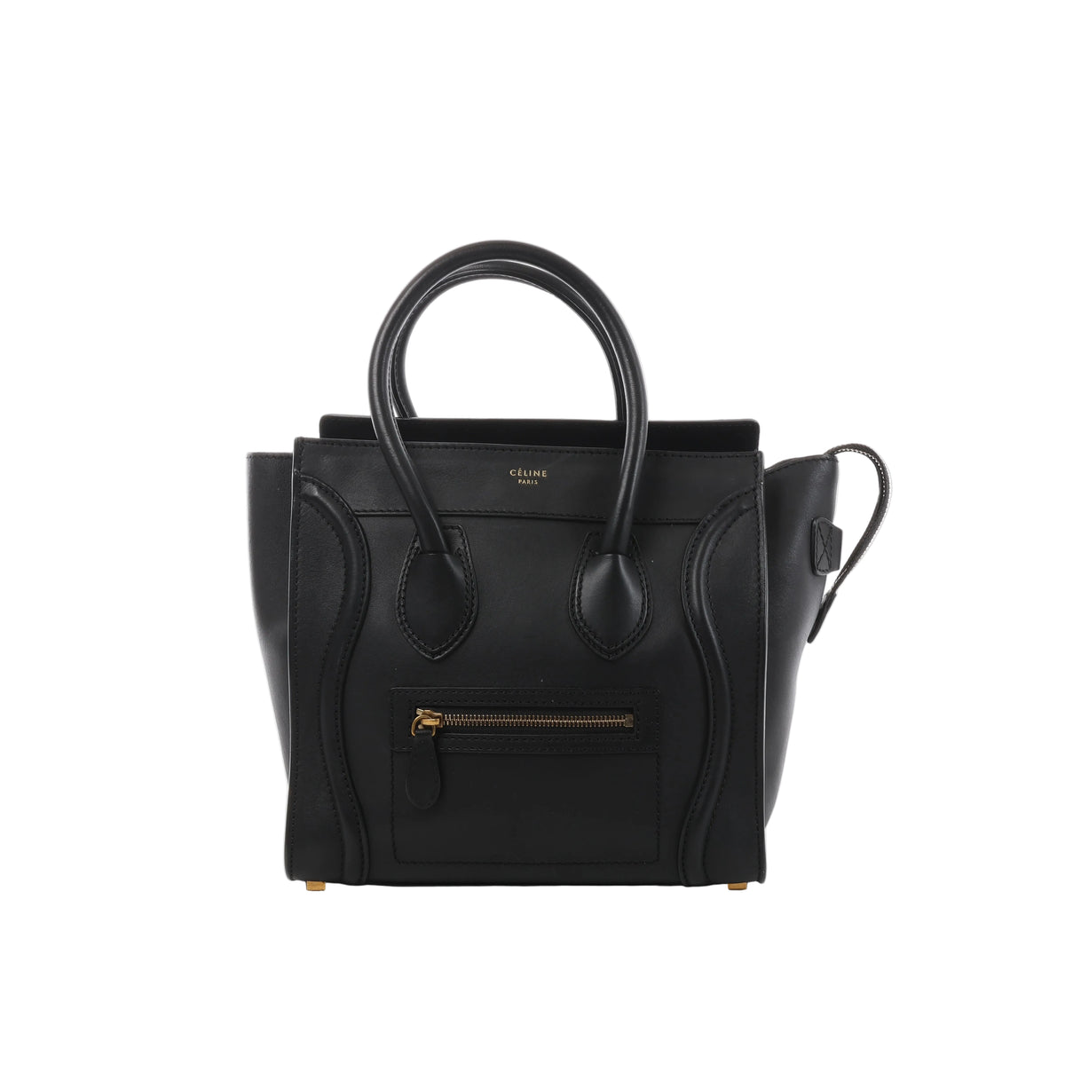 Black Celine Luggage Micro leather handbag with structured top handles, winged sides, front zip pocket and gold-tone logo detailing.