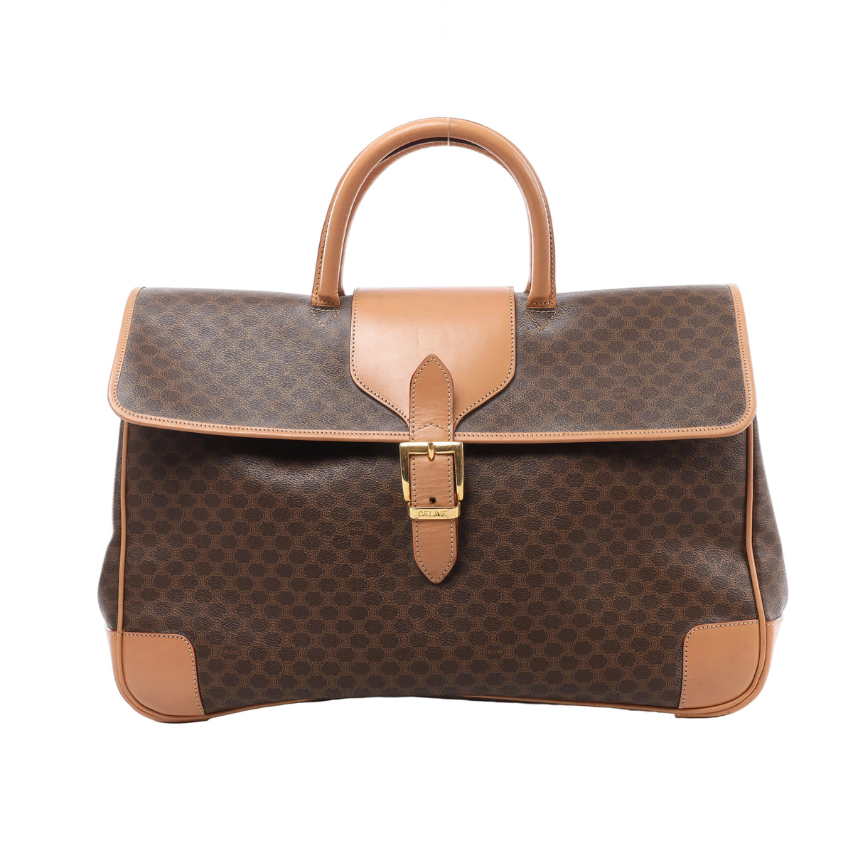 Front view of a brown CELINE Macadam handbag with tan leather top handles, trim and corner panels, a wide flap and a central gold-tone buckle.