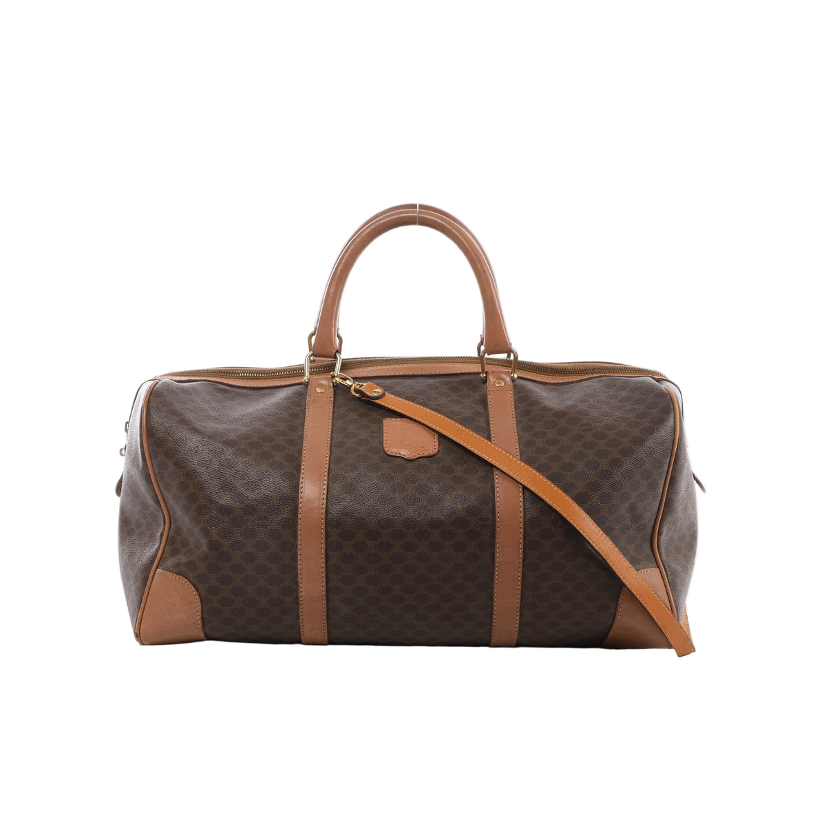 Brown CELINE Macadam coated canvas travel bag with tan leather top handles, shoulder strap, corner trim and gold-tone hardware.