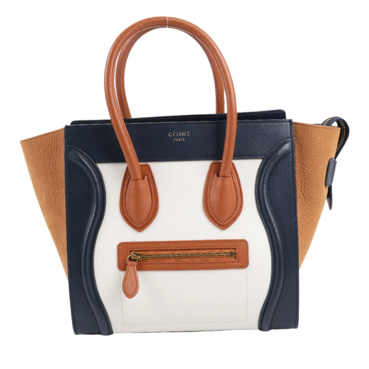 Sac à main CELINE Luggage Micro en cuir et daim tricolore marron