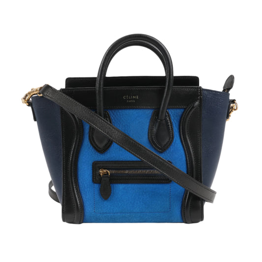 Sac à main CELINE Nano Luggage en cuir tricolore bidirectionnel, bleu et noir