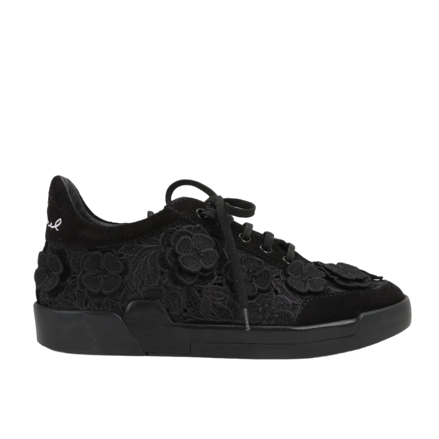 CHANEL Camelia Lace x Suede Sneakers in Black G34815, Size 37