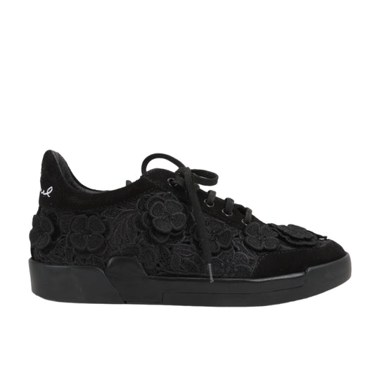 CHANEL Camelia Lace x Suede Sneakers in Black G34815, Size 37