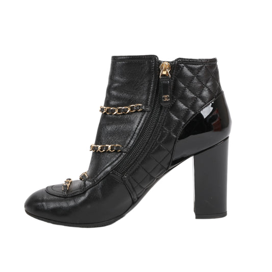 CHANEL Coco Mark Matelasse Leather & Patent Short Boots in Black G33028, Size 38 EU