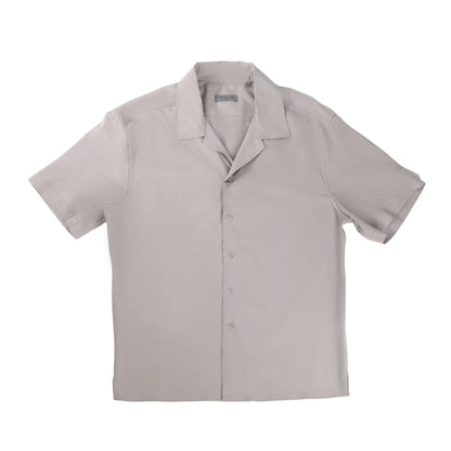CORNELIANI CIRCLE short-sleeve button-up shirt in solid gray with a relaxed collar and minimalist design, neatly laid flat against a white background, Size 41 IT.