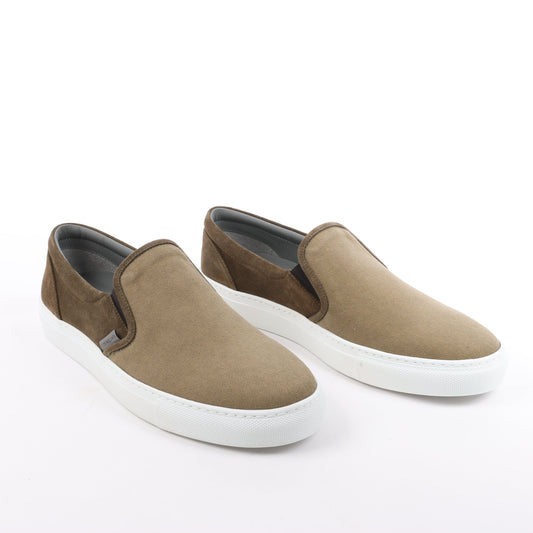 CORNELIANI Suede and Cloth Slip-On Sneakers in Brown, Size 50 EU