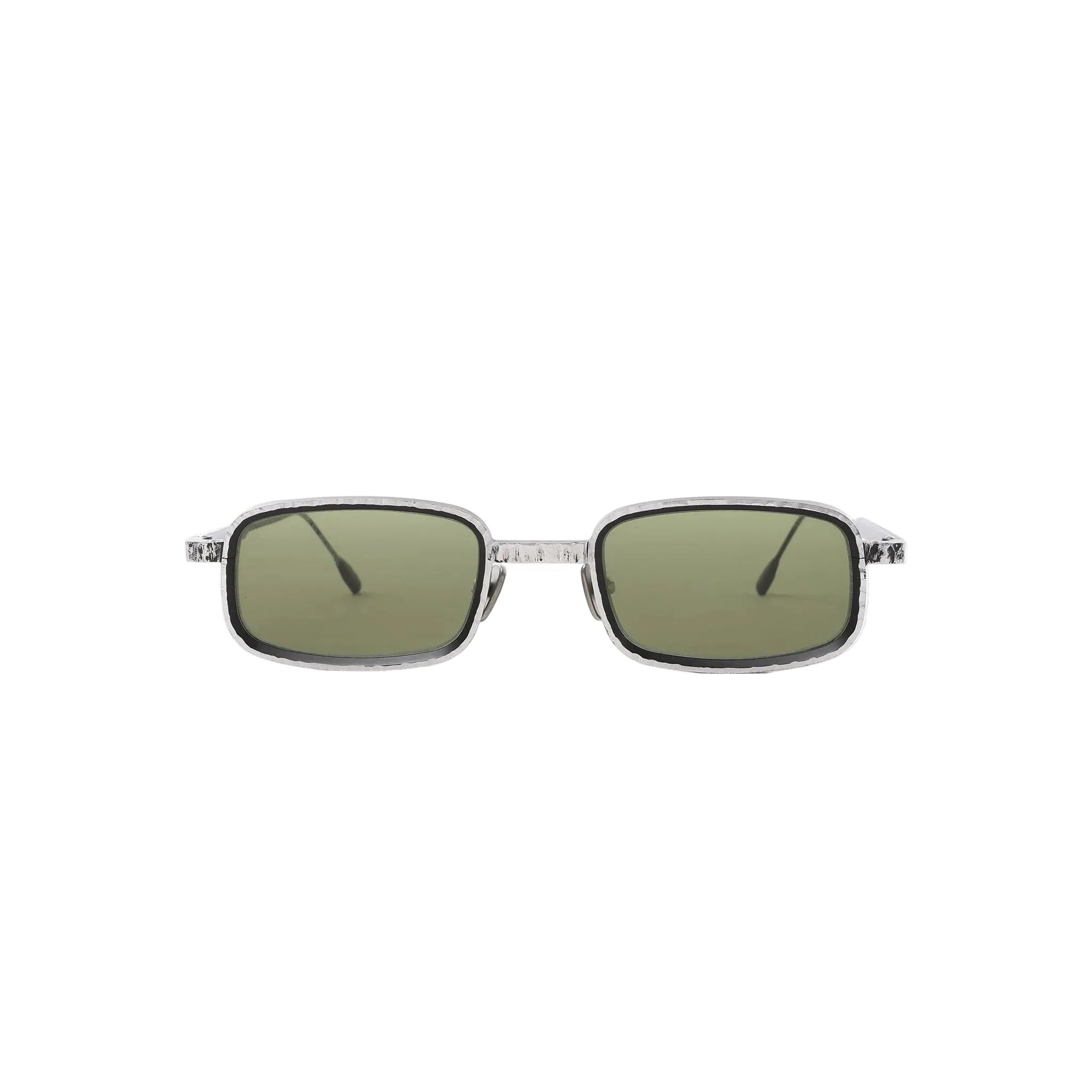 Capote AC222 rectangular sunglasses with green tinted lenses and silver-tone frames on a white background.