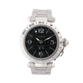 A Cartier Pasha C watch with a black dial and a silver stainless steel bracelet and case.
