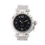 A Cartier Pasha C watch with a black dial and a silver stainless steel bracelet and case.