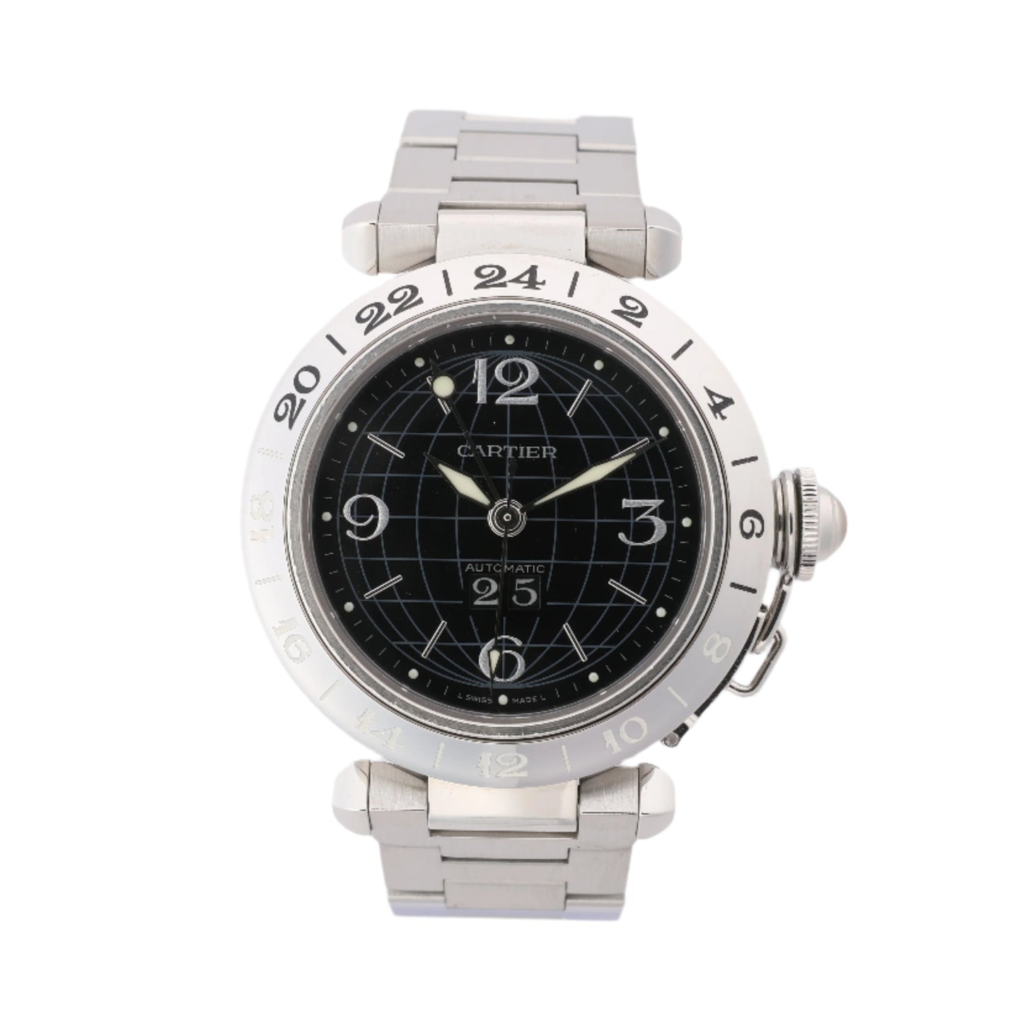 A Cartier Pasha C watch with a black dial and a silver stainless steel bracelet and case.