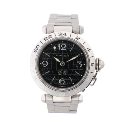 A Cartier Pasha C watch with a black dial and a silver stainless steel bracelet and case.