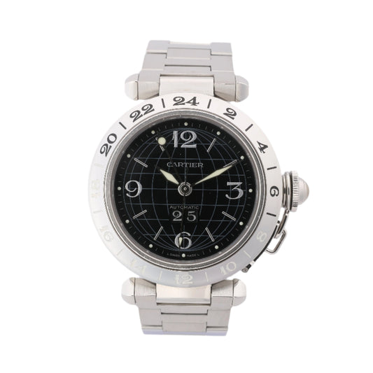 A Cartier Pasha C watch with a black dial and a silver stainless steel bracelet and case.