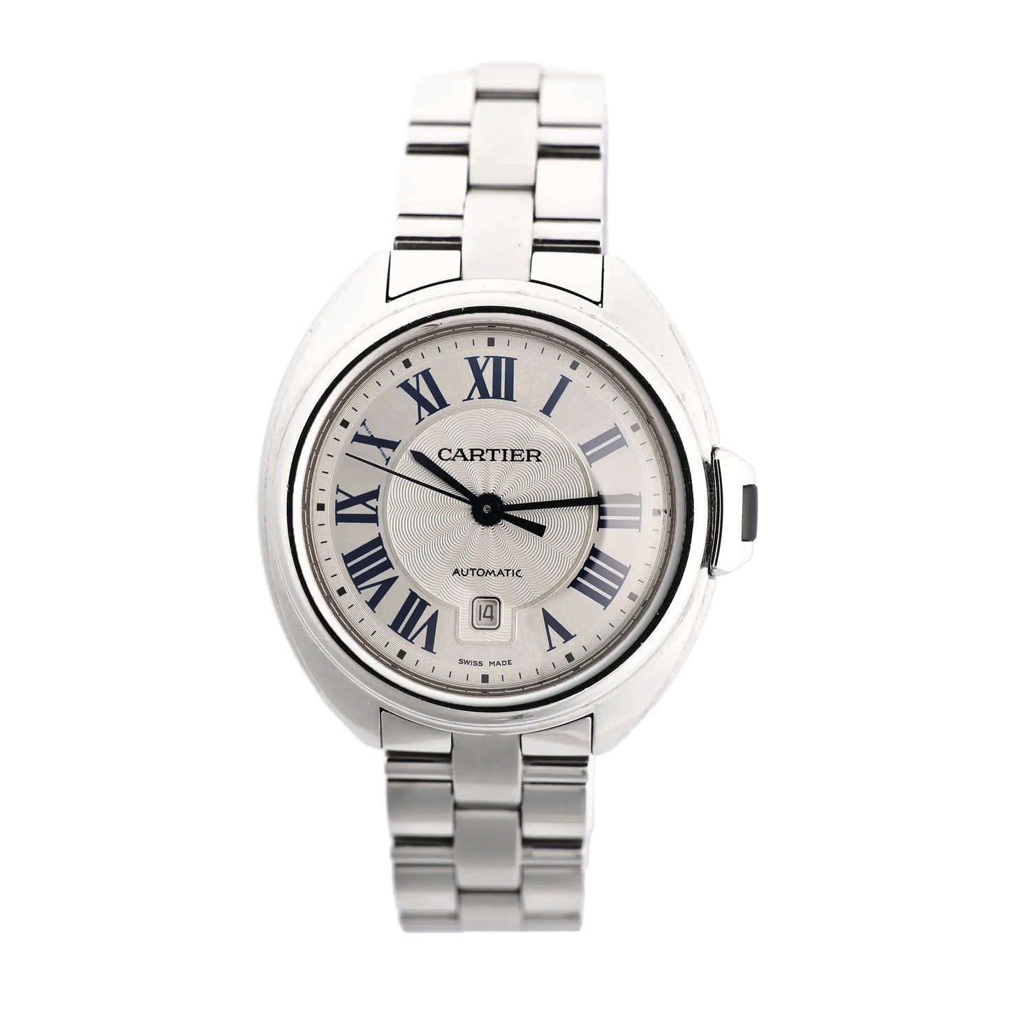Cartier Clé de Cartier WSCL0005 automatic stainless steel watch with a silver guilloché dial, blue Roman numerals, date display at 6 o'clock, and polished link bracelet.
