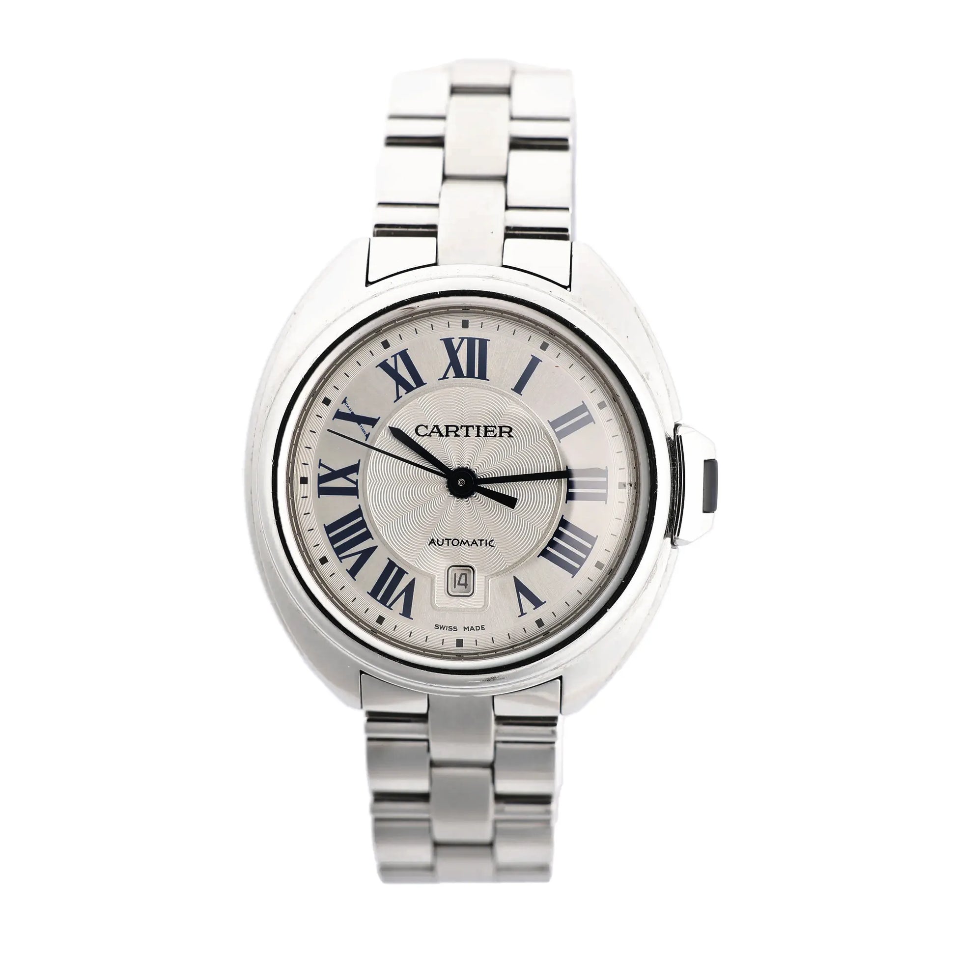 Cartier Clé de Cartier WSCL0005 automatic stainless steel watch with a silver guilloché dial, blue Roman numerals, date display at 6 o'clock, and polished link bracelet.