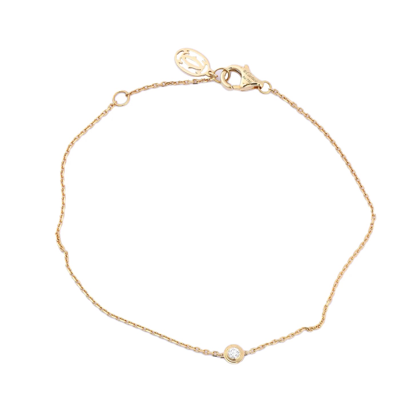Cartier D'Amour XS bracelet in 18K yellow gold featuring a single bezel-set round diamond on a fine chain with lobster clasp and Cartier charm, model QQC093 CRB6045617, weight 1.4g.