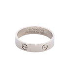 Cartier Love SM ring in 18K white gold with screw motifs and engraved Au 750 and size 69 markings on a white background.