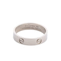 Cartier Love SM ring in 18K white gold with screw motifs and engraved Au 750 and size 69 markings on a white background.