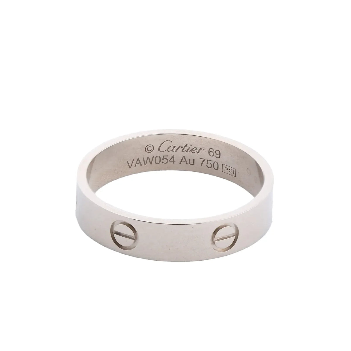 Cartier Love SM ring in 18K white gold with screw motifs and engraved Au 750 and size 69 markings on a white background.
