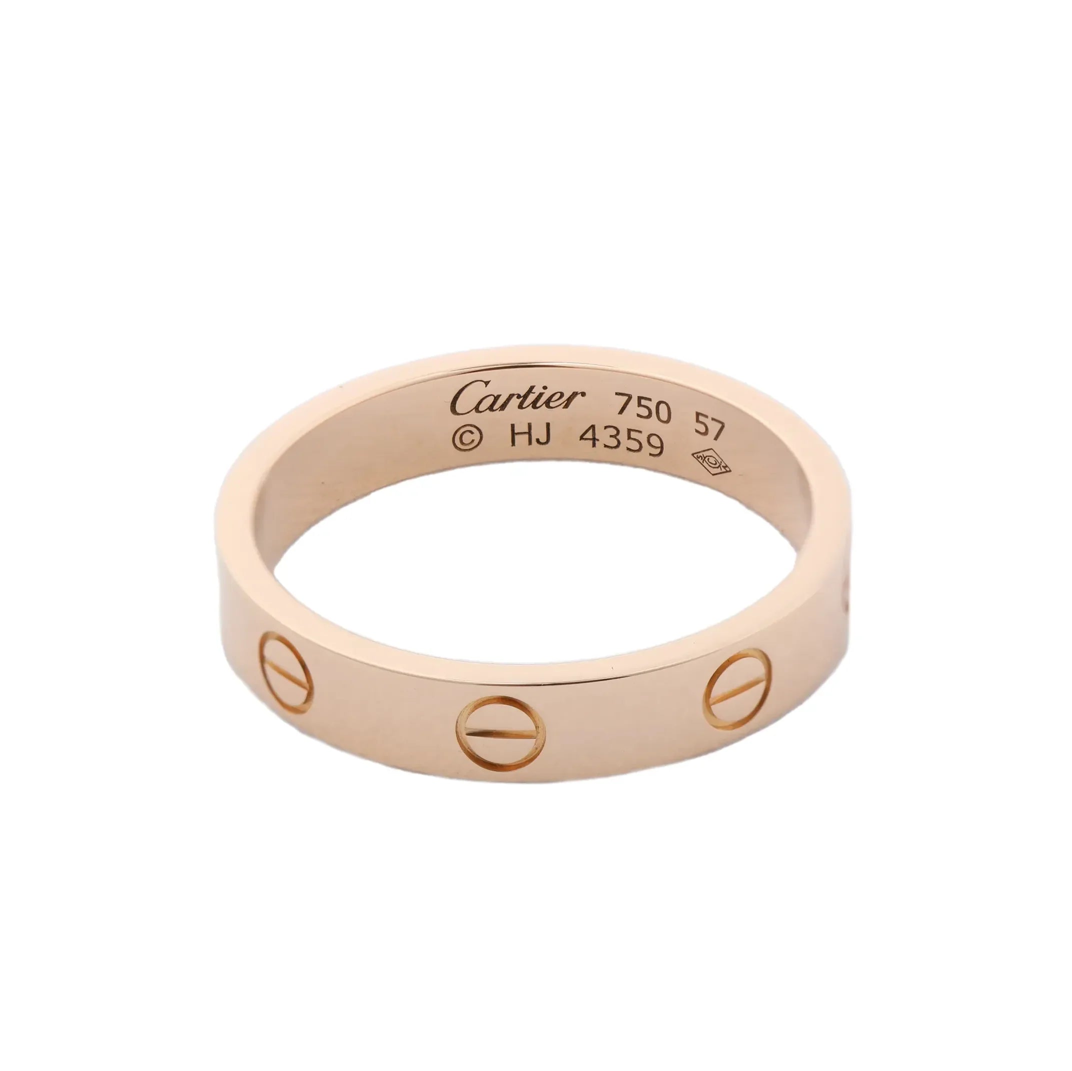 Cartier Mini Love Ring in 18K pink gold, featuring signature engraved screw motifs around the band, with internal markings showing model HJ4359, 750, and size 57.