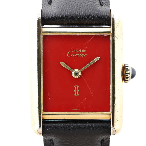 Reloj CARTIER Must Tank 3008378 925 GP externo x cuero con cuerda por tija y esfera burdeos