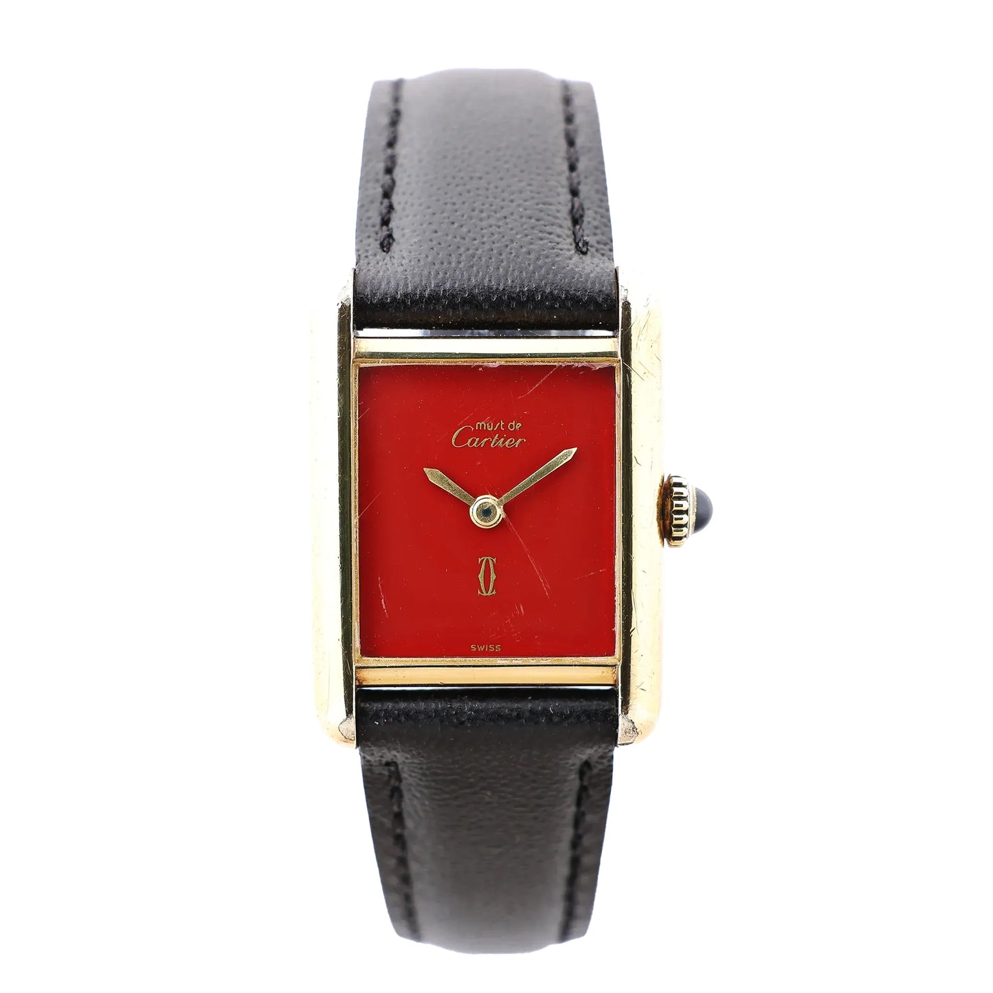 Cartier Must de Cartier Tank 3008378 watch featuring a rectangular gold-plated case, burgundy dial with gold hands, and a black leather strap with visible stitching.