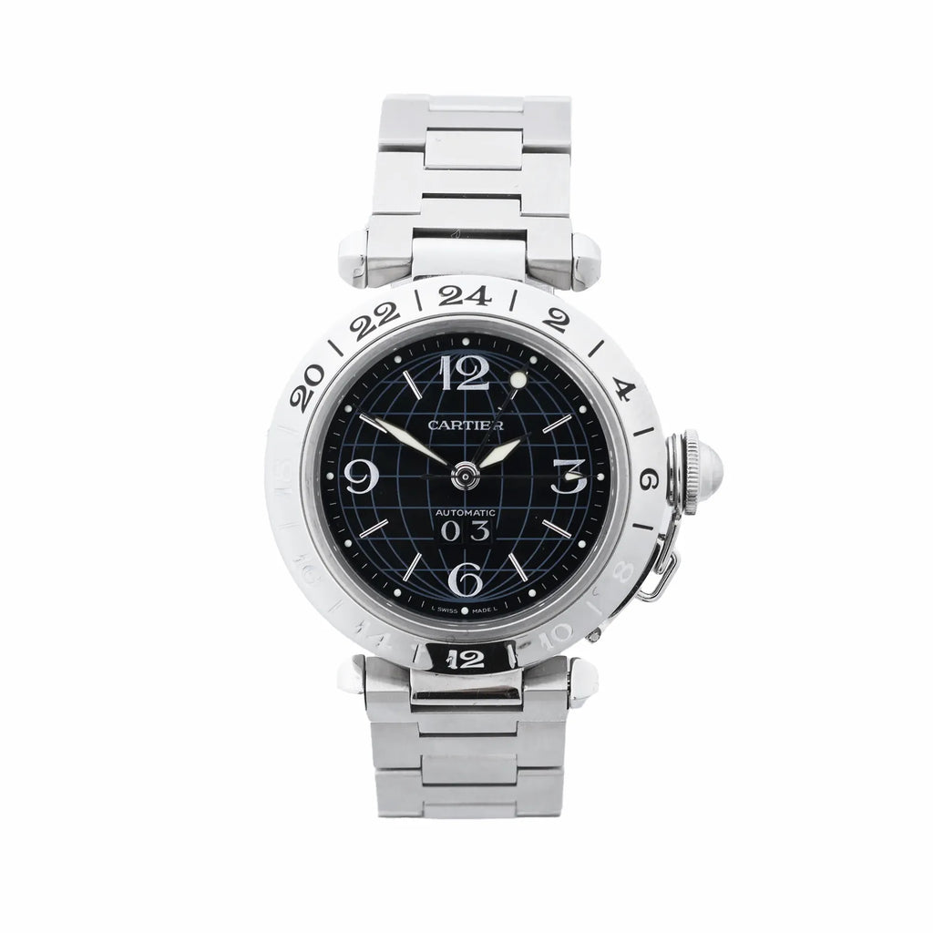 Cartier Pasha C Meridian stainless steel watch with black dial, 24-hour bezel, Arabic numerals, bracelet strap, and crown cap on white background.