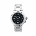 Cartier Pasha C Meridian stainless steel watch with black dial, 24-hour bezel, Arabic numerals, bracelet strap, and crown cap on white background.