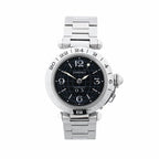 Cartier Pasha C Meridian stainless steel watch with black dial, 24-hour bezel, Arabic numerals, bracelet strap, and crown cap on white background.