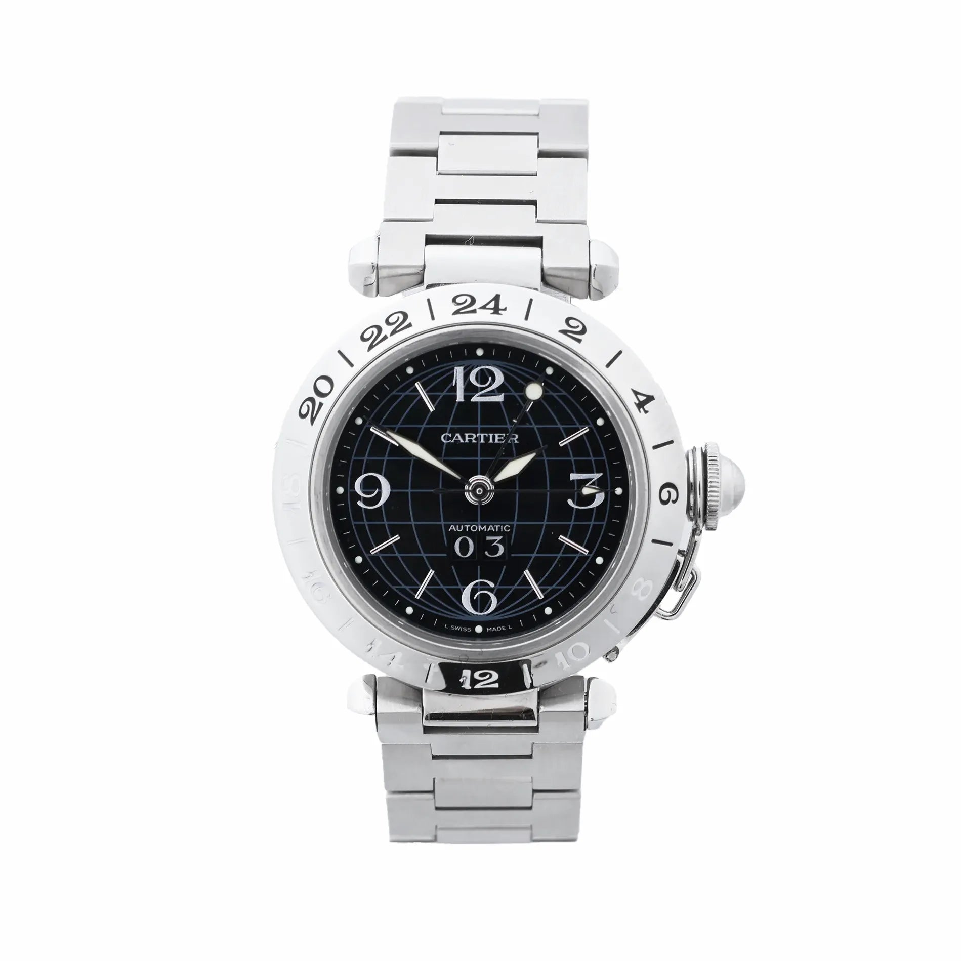 Cartier Pasha C Meridian stainless steel watch with black dial, 24-hour bezel, Arabic numerals, bracelet strap, and crown cap on white background.