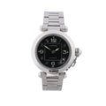 Cartier Pasha C stainless steel watch with black dial, Arabic numerals, date window, distinctive crown detail and metal bracelet.