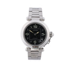 Cartier Pasha C stainless steel watch with black dial, Arabic numerals, date window, distinctive crown detail and metal bracelet.