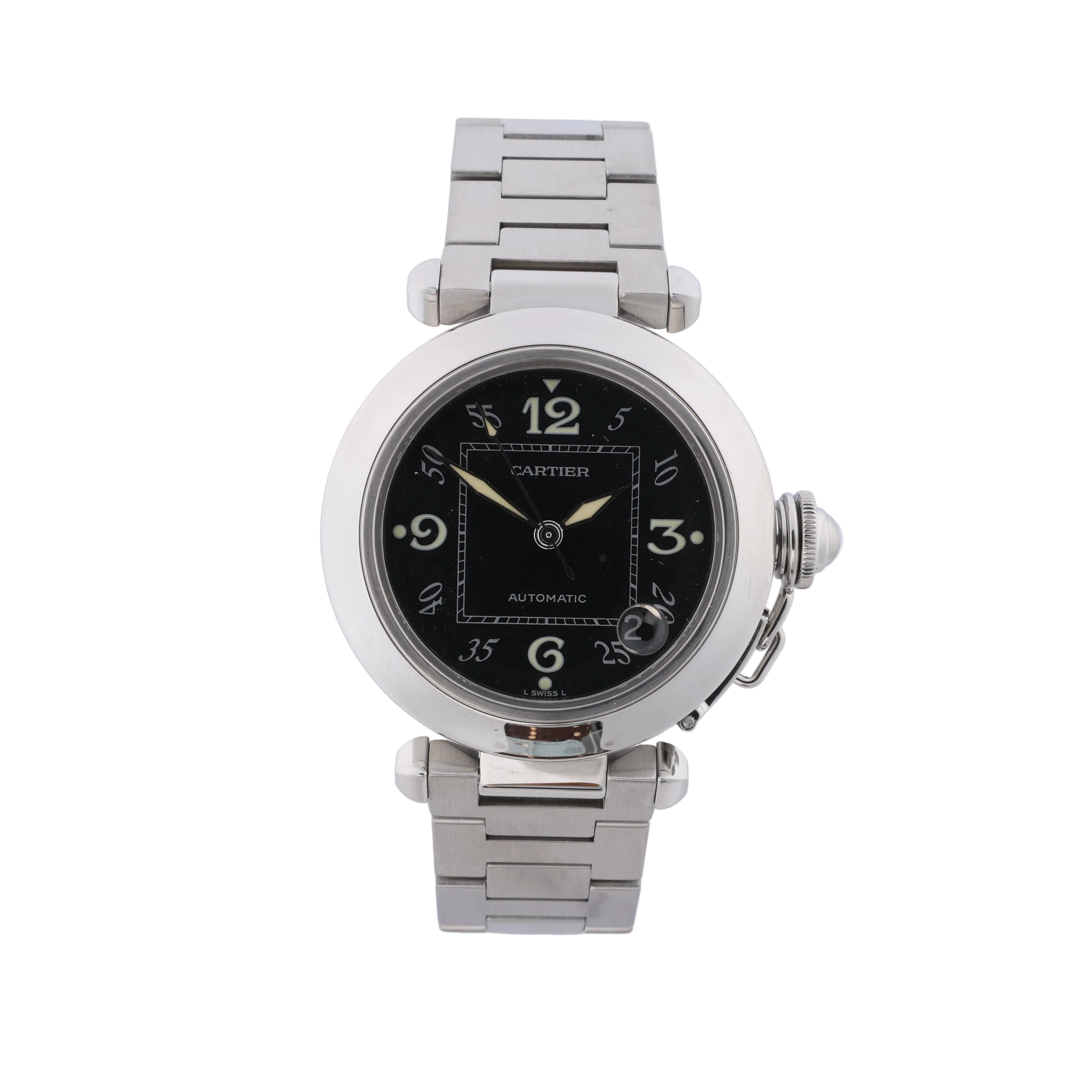 Cartier Pasha C stainless steel watch with black dial, Arabic numerals, date window, distinctive crown detail and metal bracelet.