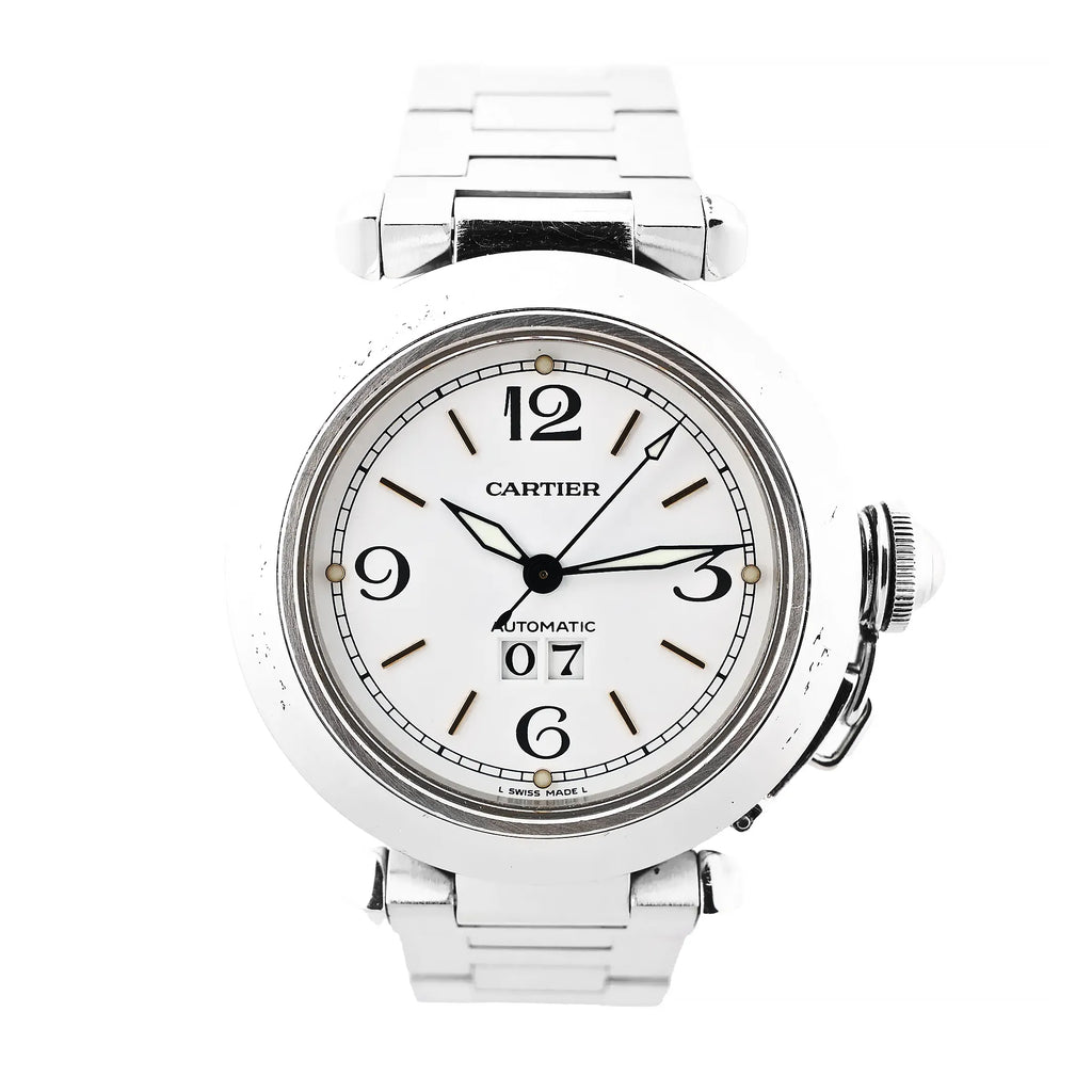 Close-up of a Cartier Pasha W31044M7 watch featuring a polished stainless steel case and bracelet, a white dial with bold black numerals, luminous sword-shaped hands, and a date display at 6 o’clock.