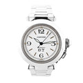 Close-up of a Cartier Pasha W31044M7 watch featuring a polished stainless steel case and bracelet, a white dial with bold black numerals, luminous sword-shaped hands, and a date display at 6 o’clock.