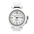Close-up of a Cartier Pasha W31044M7 watch featuring a polished stainless steel case and bracelet, a white dial with bold black numerals, luminous sword-shaped hands, and a date display at 6 o’clock.