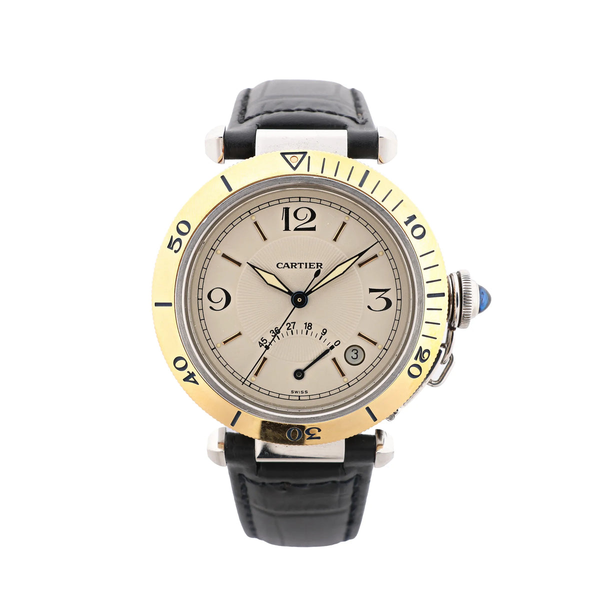Cartier Pasha watch with a beige dial, gold-tone numbered bezel, power reserve indicator, date window and black leather strap.