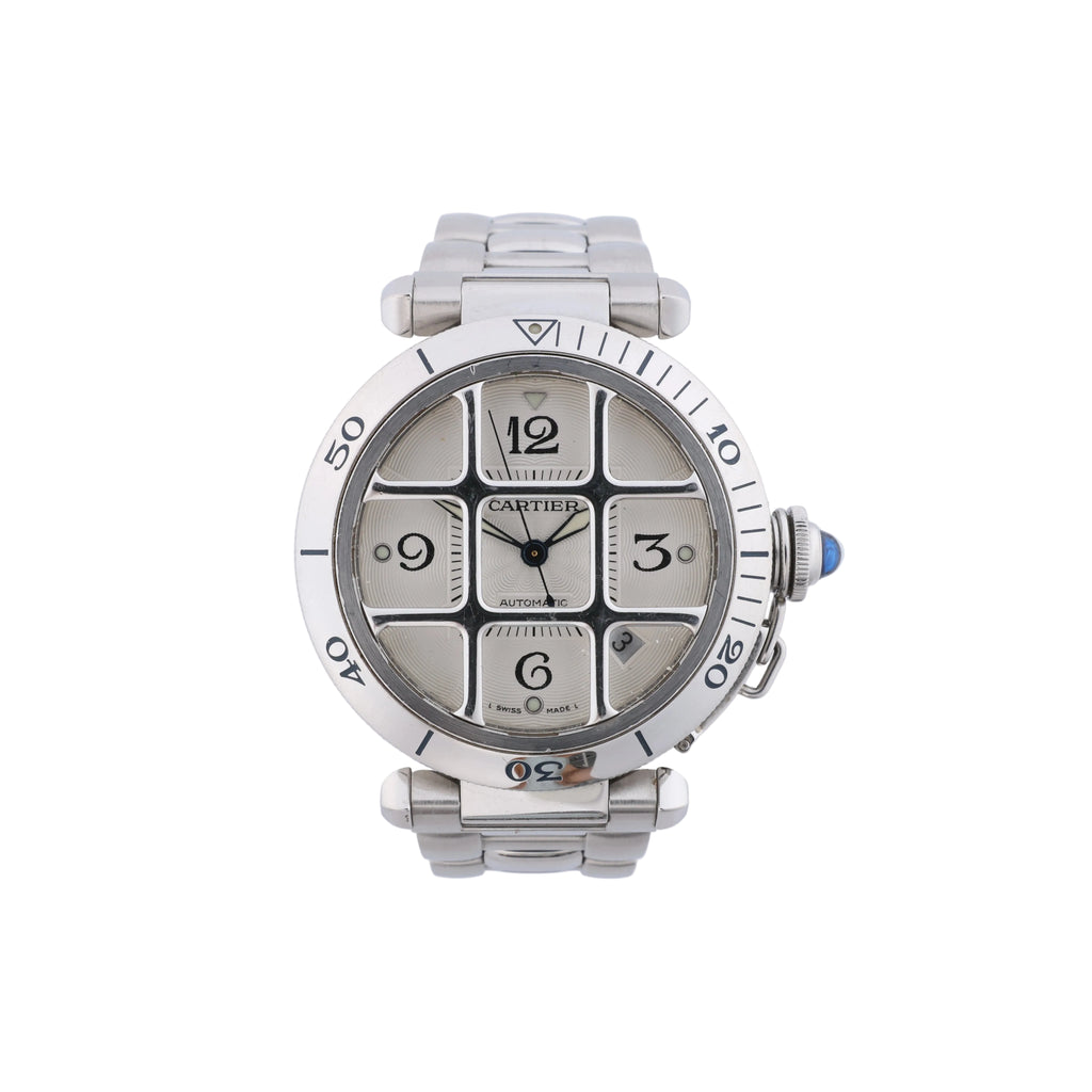 Cartier Pasha Grid stainless steel watch with silver dial, square grid detail, blue crown accent and stainless steel bracelet.