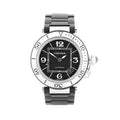 Cartier Pasha Seatimer watch with black dial, white rotating bezel, stainless steel case, black rubber strap, and date window near 4 o’clock