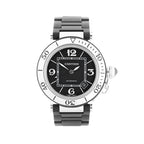 Cartier Pasha Seatimer watch with black dial, white rotating bezel, stainless steel case, black rubber strap, and date window near 4 o’clock