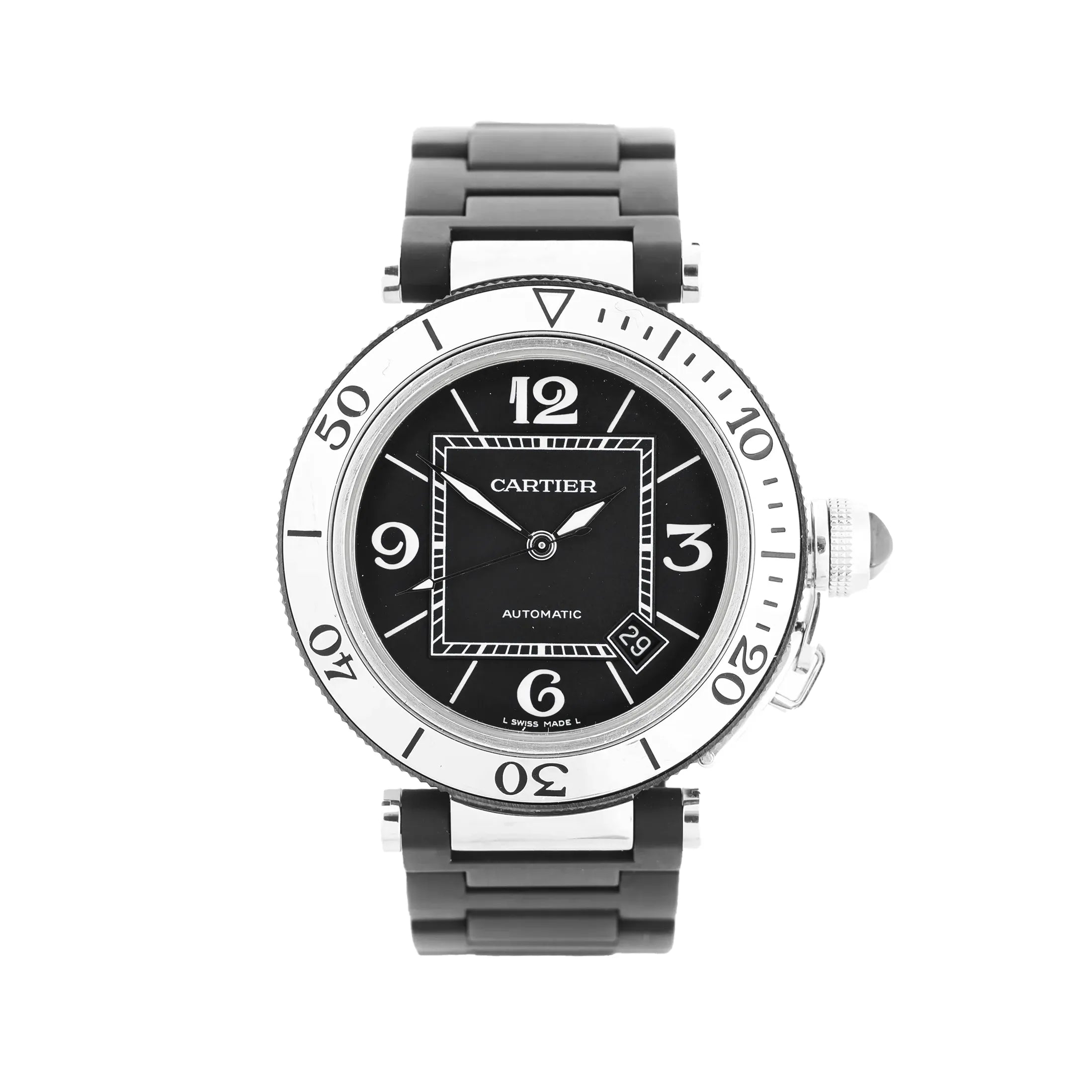 Cartier Pasha Seatimer watch with black dial, white rotating bezel, stainless steel case, black rubber strap, and date window near 4 o’clock