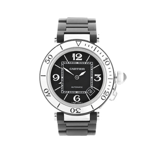 Cartier Pasha Seatimer watch with black dial, white rotating bezel, stainless steel case, black rubber strap, and date window near 4 o’clock