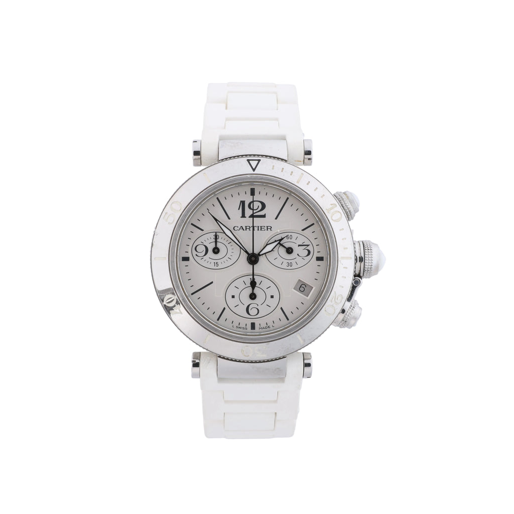 Cartier Pasha Seatimer watch with silver dial, stainless steel case, chronograph subdials and white rubber strap.