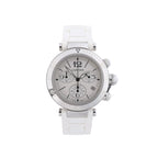 Cartier Pasha Seatimer watch with silver dial, stainless steel case, chronograph subdials and white rubber strap.
