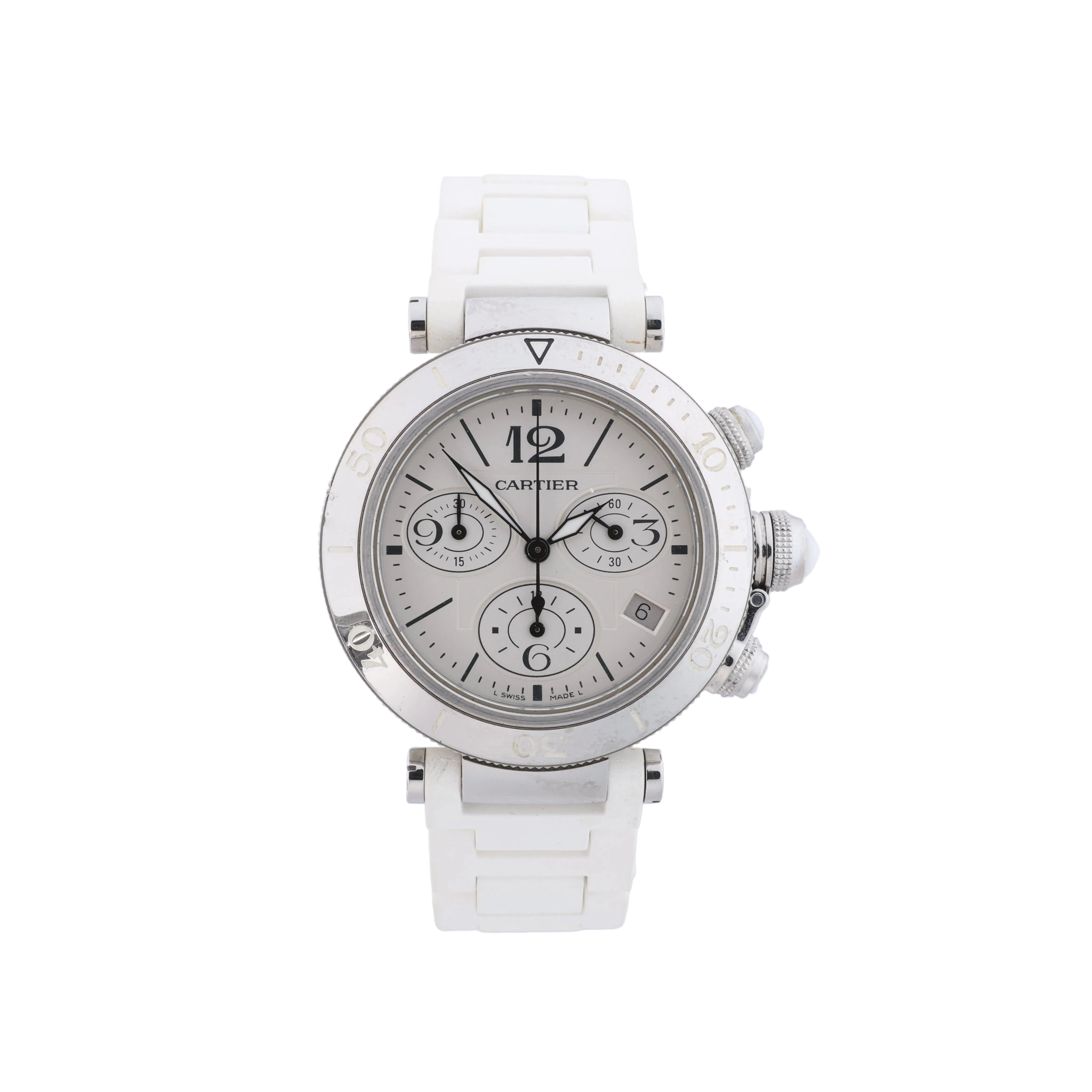 Cartier Pasha Seatimer watch with silver dial, stainless steel case, chronograph subdials and white rubber strap.