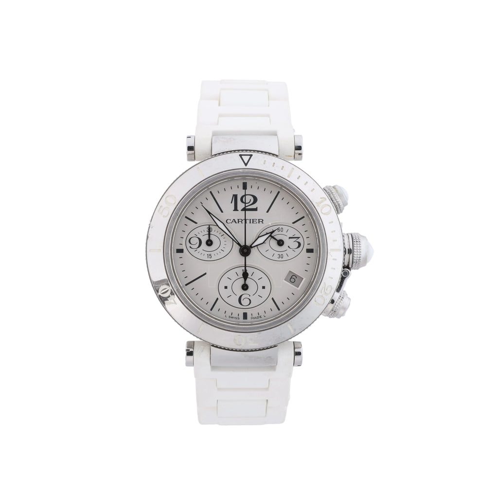 Cartier Pasha Seatimer watch with silver dial, stainless steel case, chronograph subdials and white rubber strap.