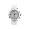 Cartier Pasha Seatimer watch with silver dial, stainless steel case, chronograph subdials and white rubber strap.